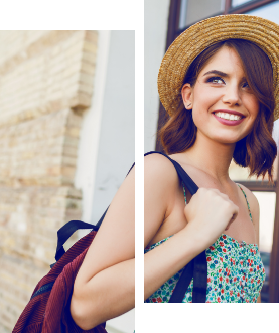 a young woman in a hate carrying a backpack with a hat on